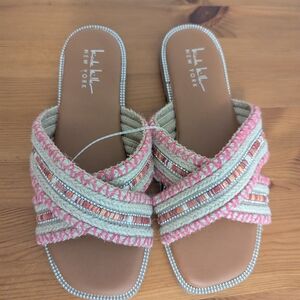 Nicole Miller Pink and Cream Woven Sandals